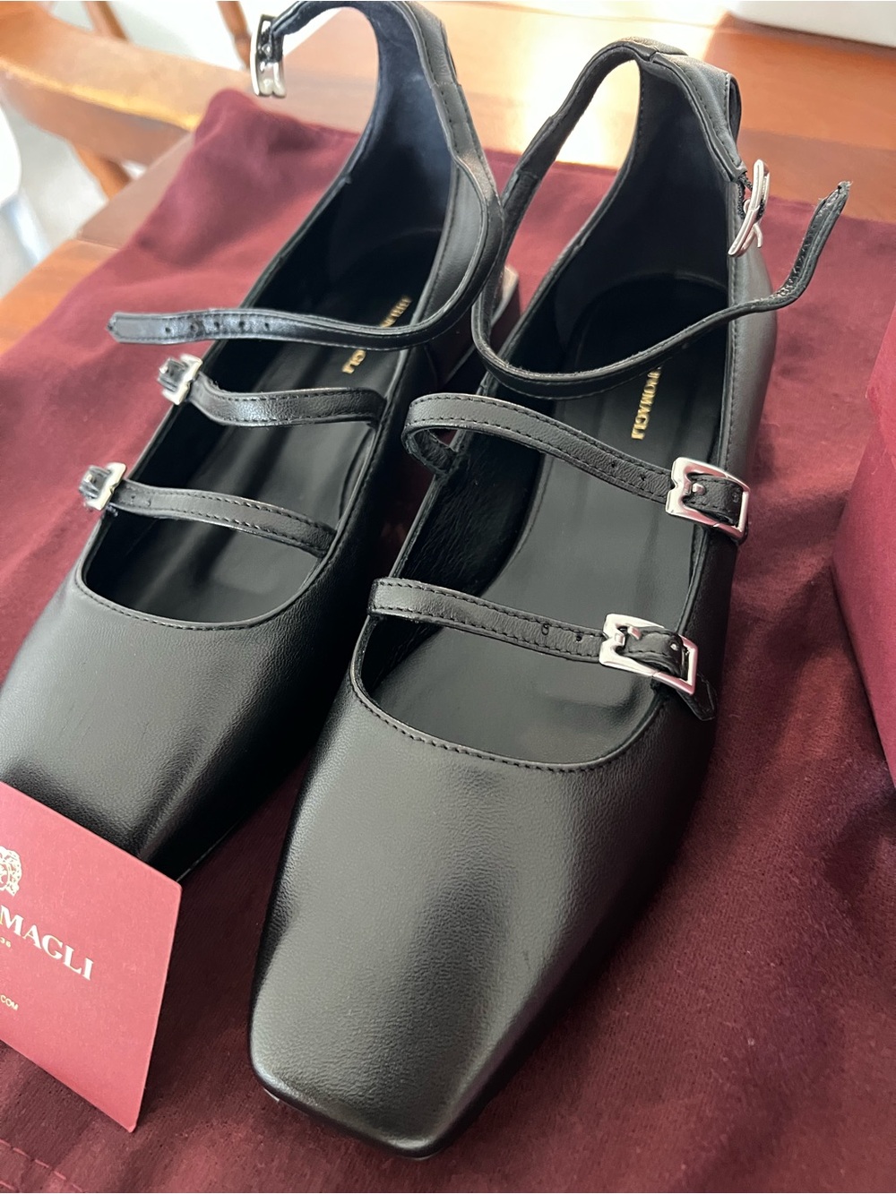Bruno Magli Black Leather Triple-Strap Mary Jane Flats - Picture 2 of 3